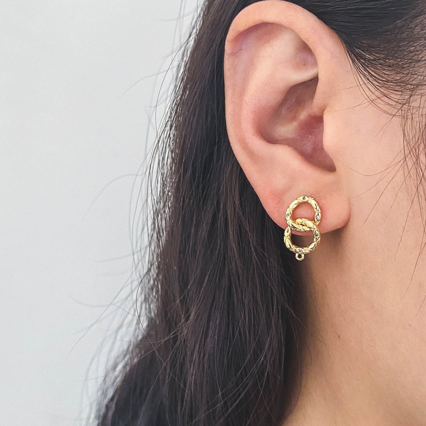 10pcs CZ pave Gold Double Circle Ear Posts, Double Hoop Studs, DIY Earring Findings (GB-1449)