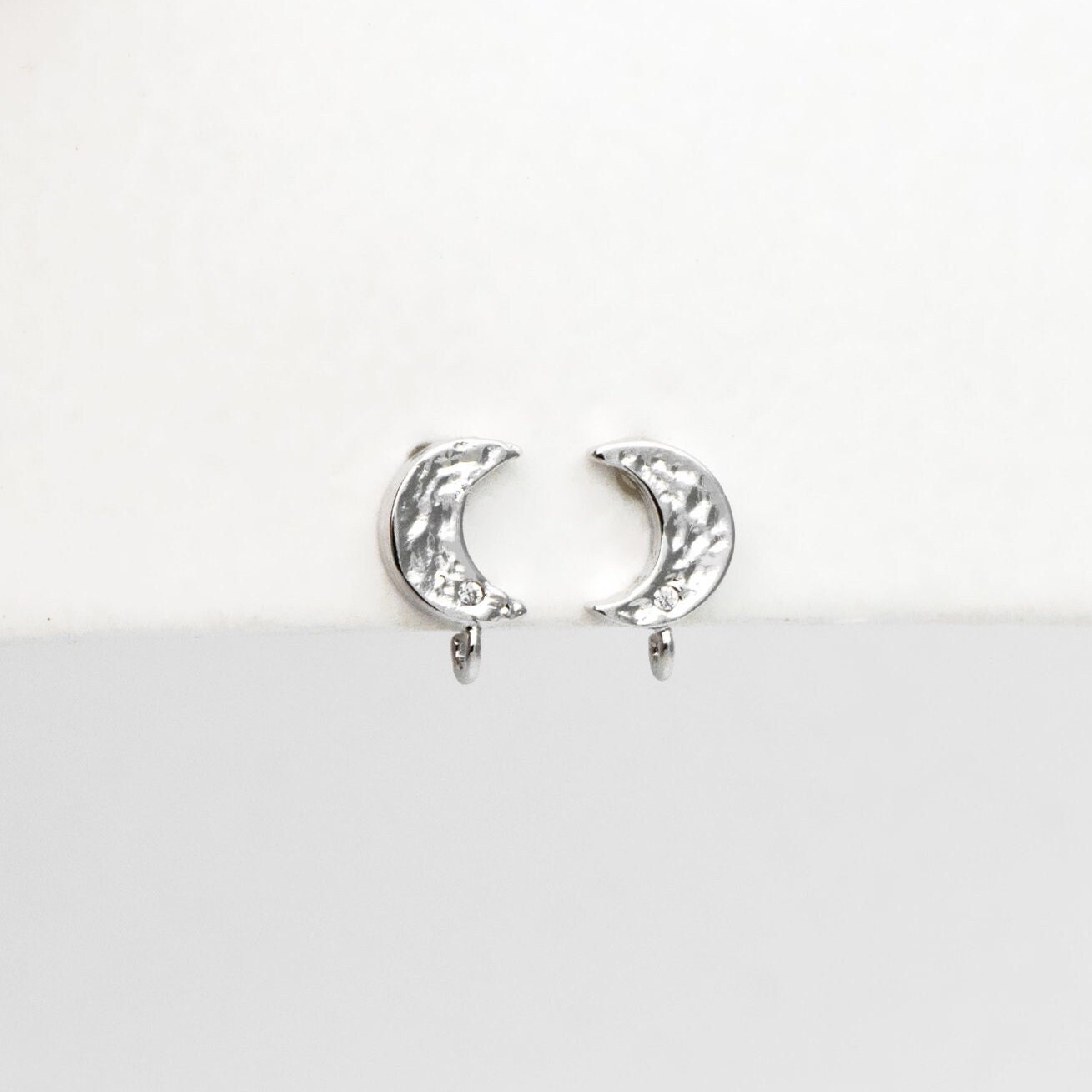 10pcs CZ Paved Moon Earring Post with Loop, 9mm, Real Gold/ Rhodium Plated Brass Stud Earrings (#GB-3206)