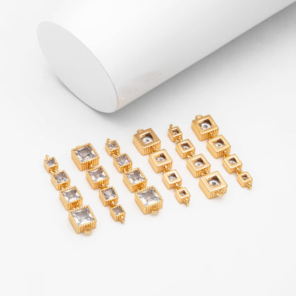 4pcs CZ pave Gold Square Connectors 35x7.5mm, Gold Plated Brass Square Charm Pendants (GB-3635)