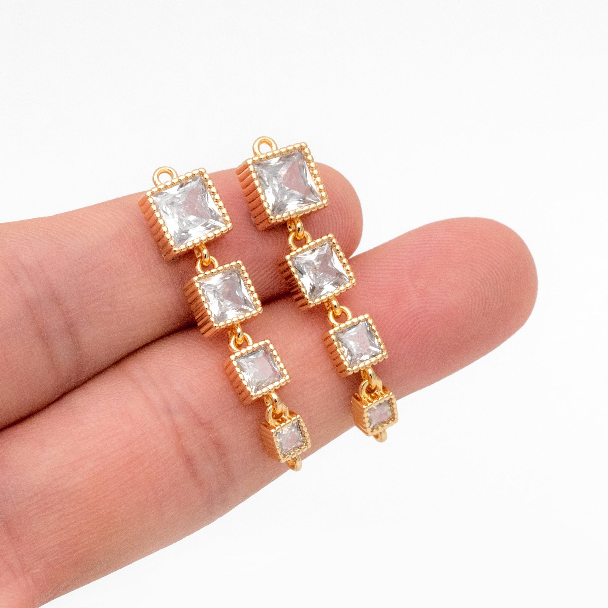 4pcs CZ pave Gold Square Connectors 35x7.5mm, Gold Plated Brass Square Charm Pendants (GB-3635)