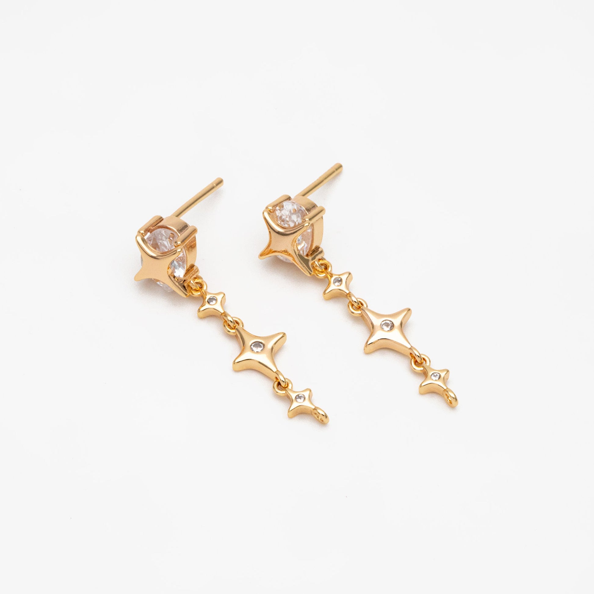 4pcs CZ Pave Gold Cross Star Dangle Earrings with Loop, Gold Plated Brass, Dainty Star Stud Earrings (GB-3641)