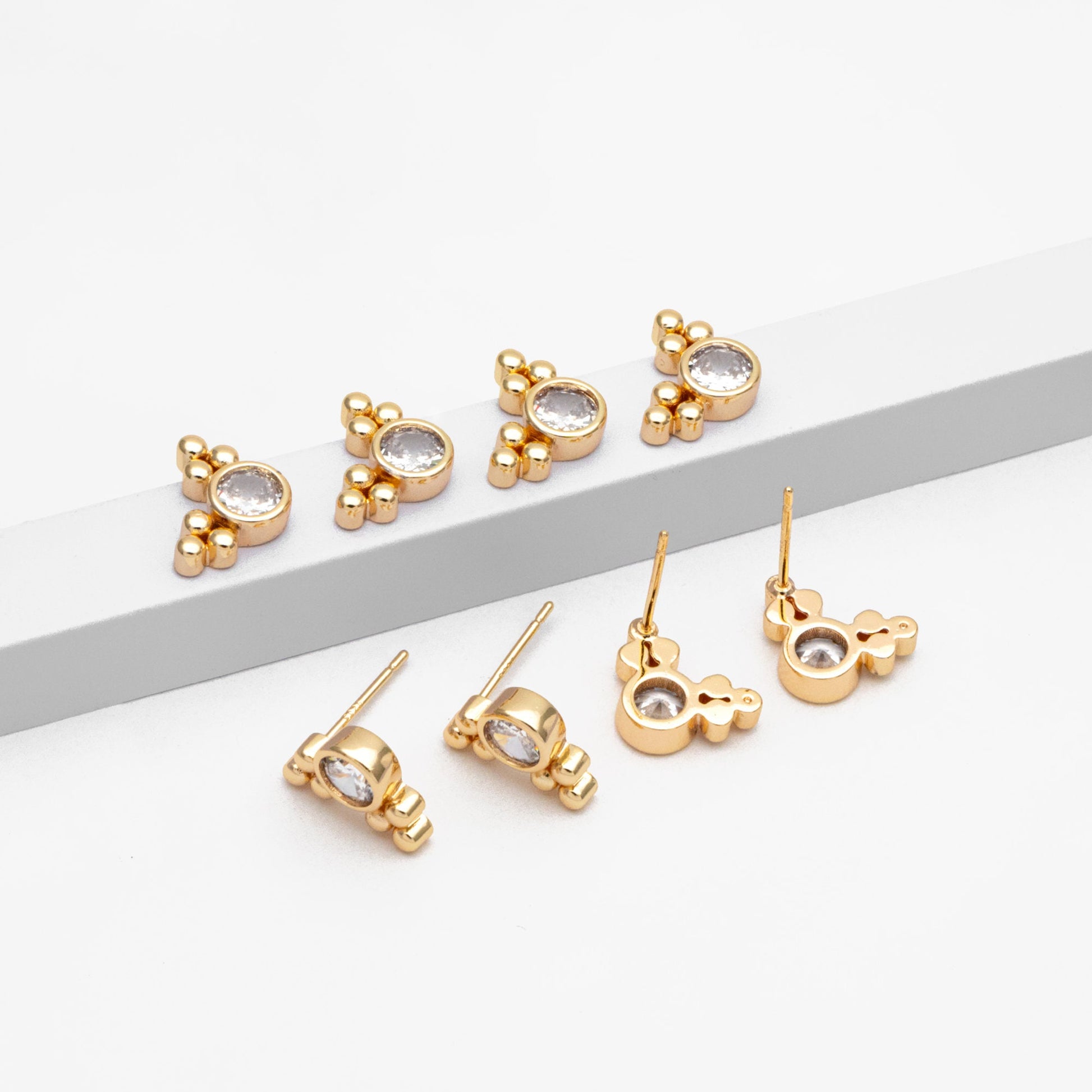 10pcs CZ Pave Round Trinity Ear Posts 12x8.5mm, Gold Plated Brass Dainty Stud Earrings (GB-3642)