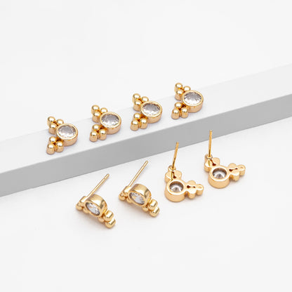 10pcs CZ Pave Round Trinity Ear Posts 12x8.5mm, Gold Plated Brass Dainty Stud Earrings (GB-3642)
