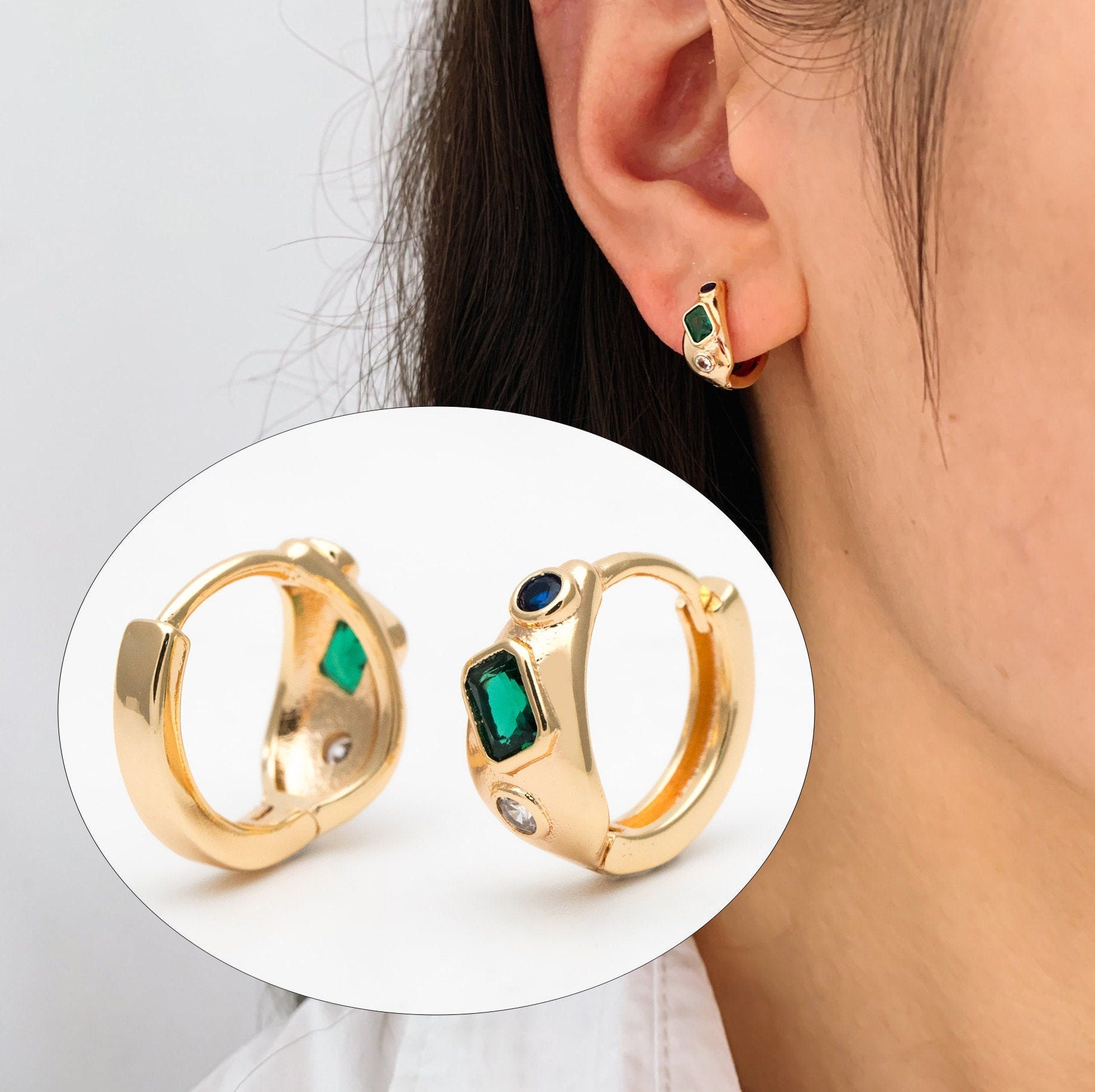 4pcs Emerald CZ Pave Gold/ Silver Hoop Earrings, Hoop Earrings, Dainty Huggie Earrings, Minimalist Earring, Small Hoops Earring (GB-3448)