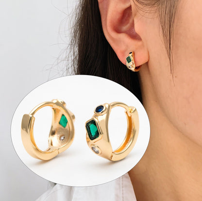 4pcs Emerald CZ Pave Gold/ Silver Hoop Earrings, Hoop Earrings, Dainty Huggie Earrings, Minimalist Earring, Small Hoops Earring (GB-3448)