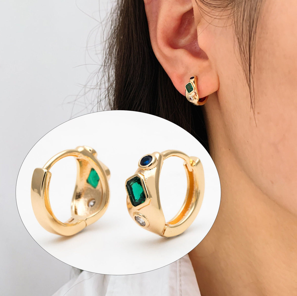 4pcs Emerald CZ Pave Gold/ Silver Hoop Earrings, Hoop Earrings, Dainty Huggie Earrings, Minimalist Earring, Small Hoops Earring (GB-3448)