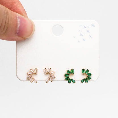 4pcs CZ Pave Flower Ear Posts 10x7mm, Gold plated Brass, Dainty Circle Stud Earrings, Clear /Green (#GB-3683)