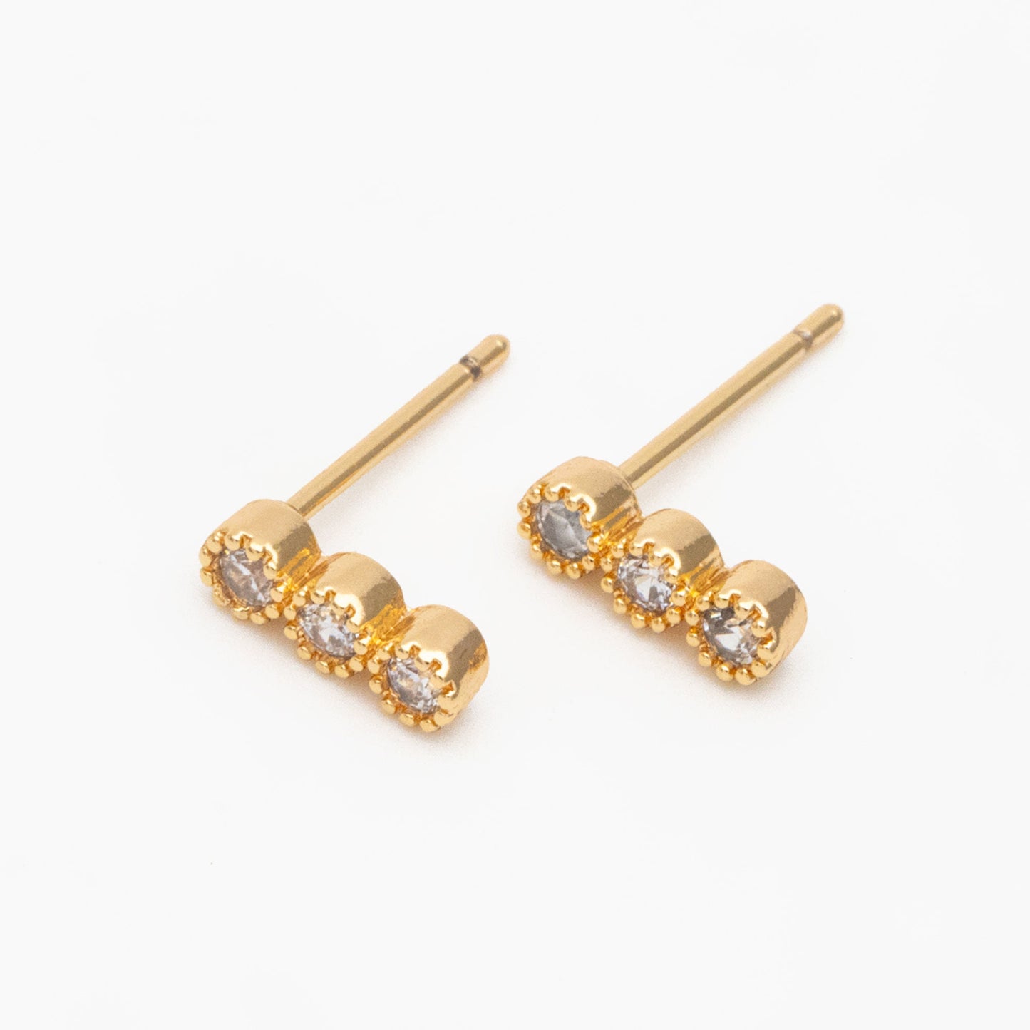 10pcs CZ Pave Bar Ear Posts, Real Gold Plated Brass Minimalist Stud Earrings (#GB-3258)