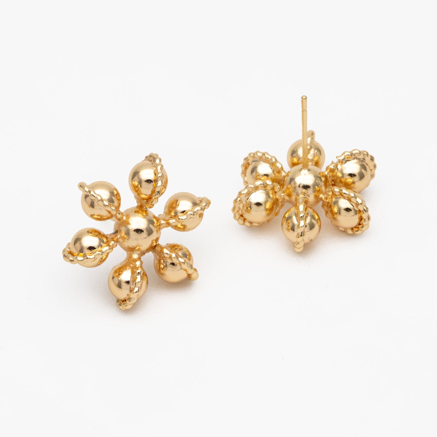 4pcs Gold Flower Ear Posts, Gold Plated Brass, Sphere Stud Earrings (GB-3692)