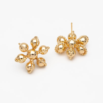 4pcs Gold Flower Ear Posts, Gold Plated Brass, Sphere Stud Earrings (GB-3692)