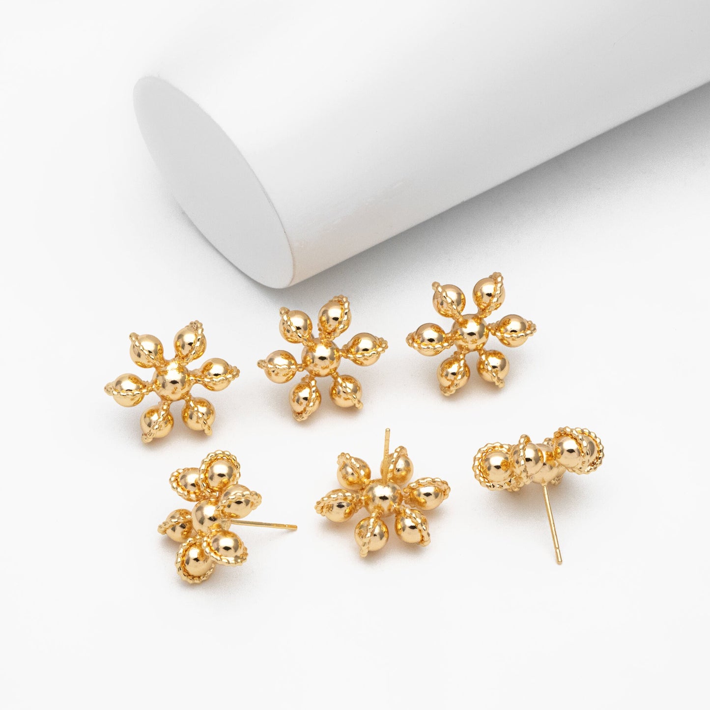 4pcs Gold Flower Ear Posts, Gold Plated Brass, Sphere Stud Earrings (GB-3692)