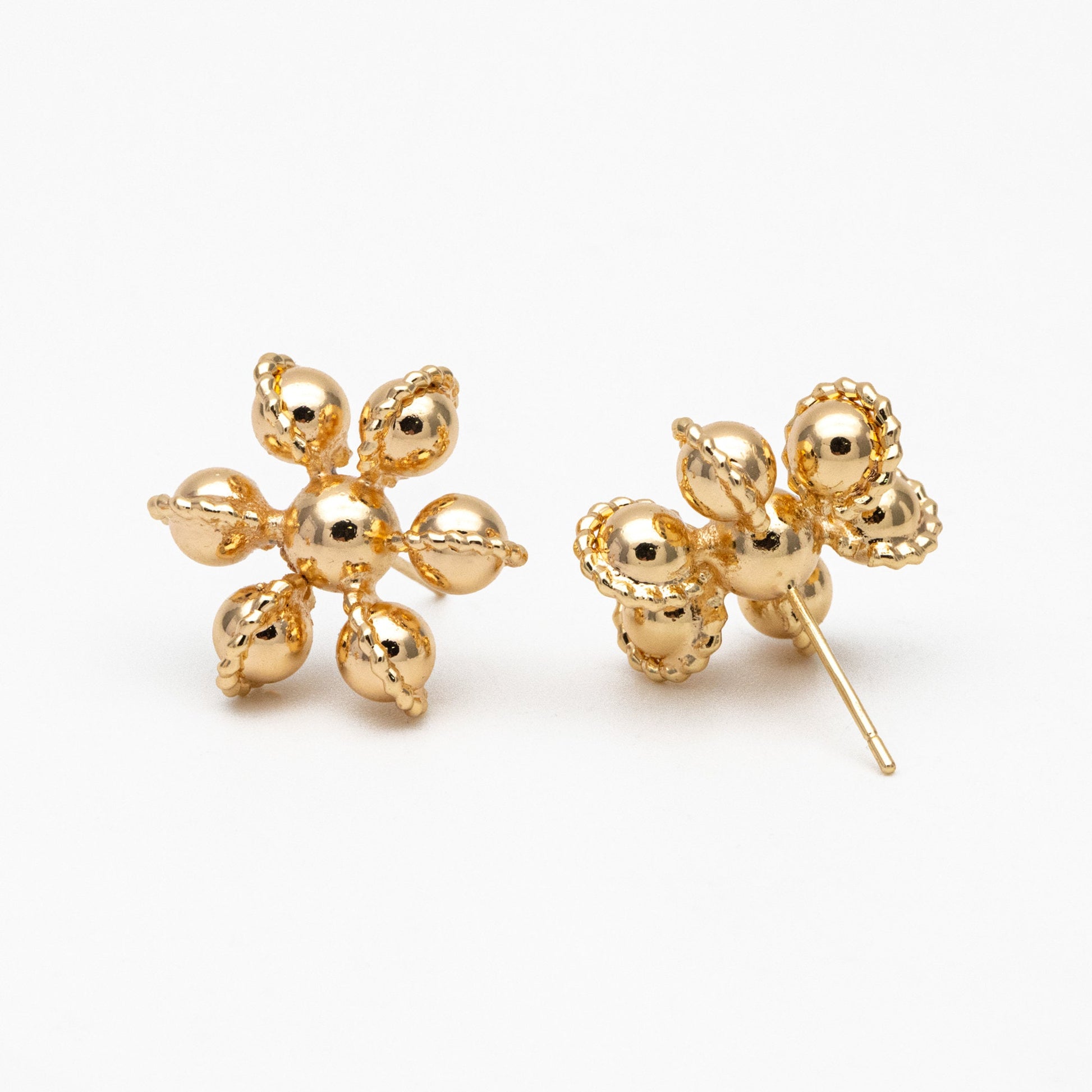 4pcs Gold Flower Ear Posts, Gold Plated Brass, Sphere Stud Earrings (GB-3692)