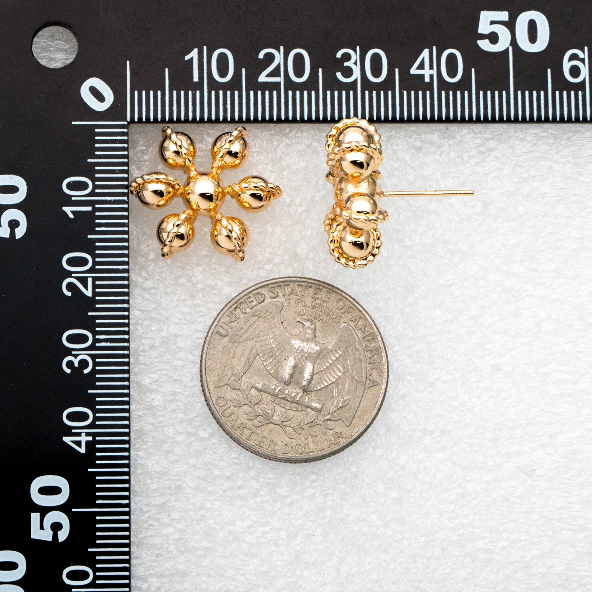 4pcs Gold Flower Ear Posts, Gold Plated Brass, Sphere Stud Earrings (GB-3692)