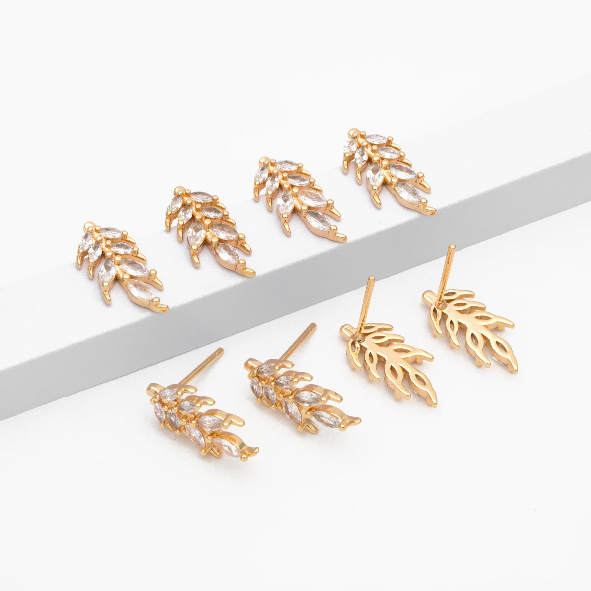 4pcs CZ Pave Gold Leaf Earring Posts, Gold Plated Brass, Dainty Leaf Stud Earrings (GB-3698)