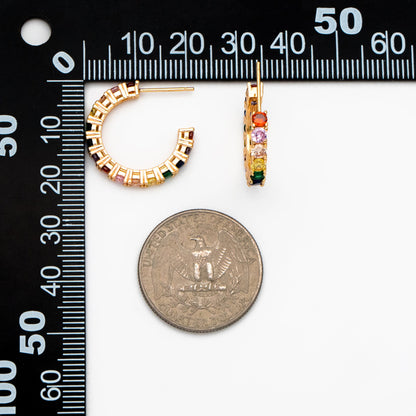 4pcs CZ Pave Hoop Stud Earrings 21mm, 18K Gold Plated Brass, Colorful Rainbow Post Earrings (GB-3646)