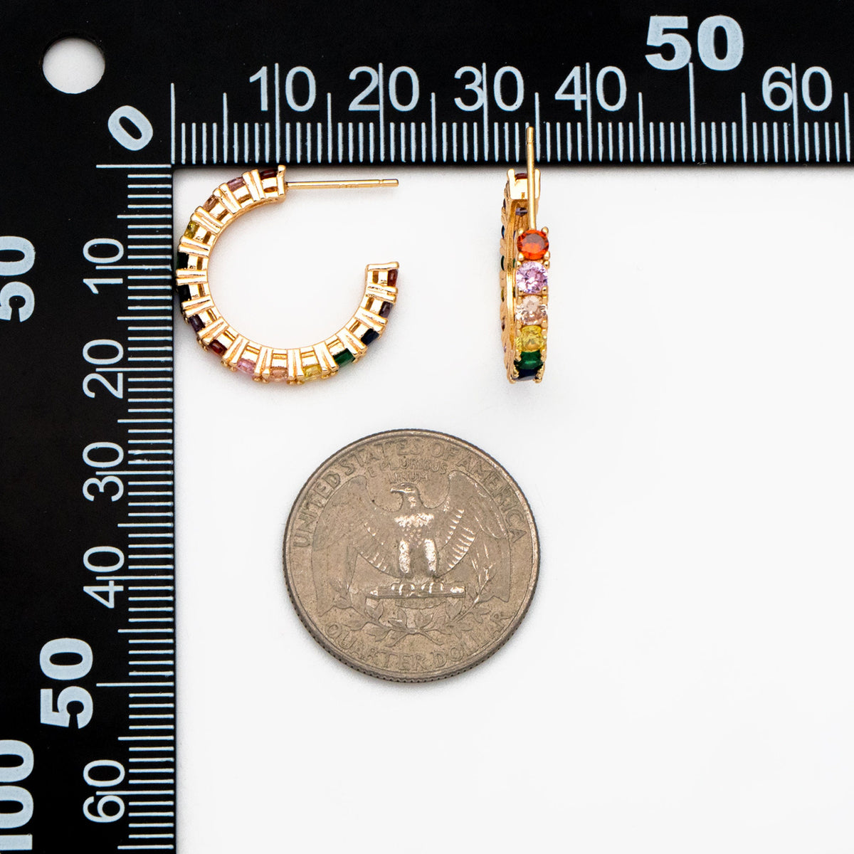 4pcs CZ Pave Hoop Stud Earrings 21mm, 18K Gold Plated Brass, Colorful Rainbow Post Earrings (GB-3646)