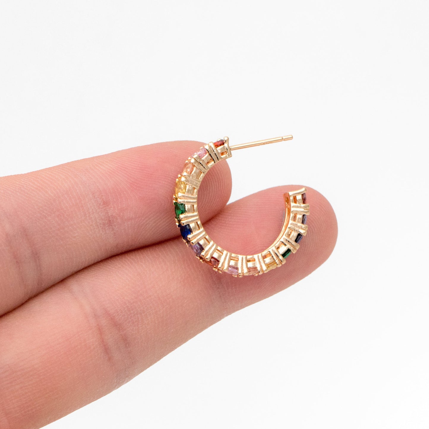 4pcs CZ Pave Hoop Stud Earrings 21mm, 18K Gold Plated Brass, Colorful Rainbow Post Earrings (GB-3646)