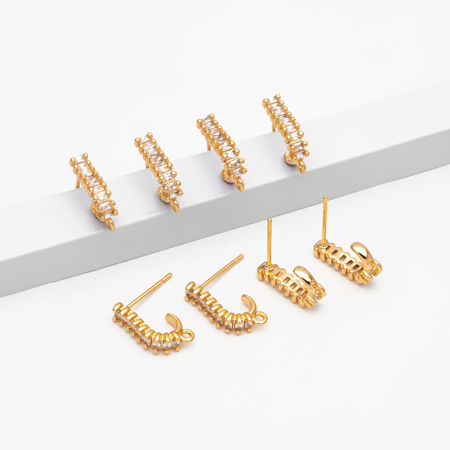 4pcs CZ Paved Curved Bar Post Earrings, Gold plated Brass, Dainty Stud Earrings, DIY Ear Findings (GB-3649)