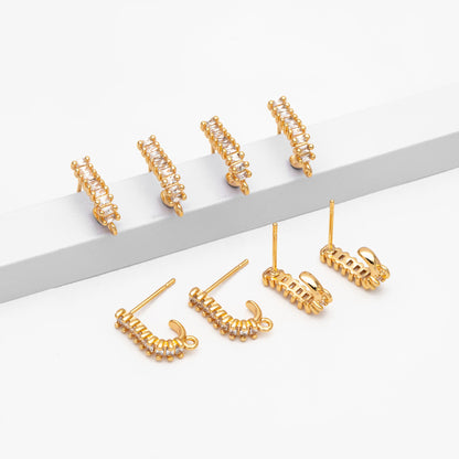 4pcs CZ Paved Curved Bar Post Earrings, Gold plated Brass, Dainty Stud Earrings, DIY Ear Findings (GB-3649)