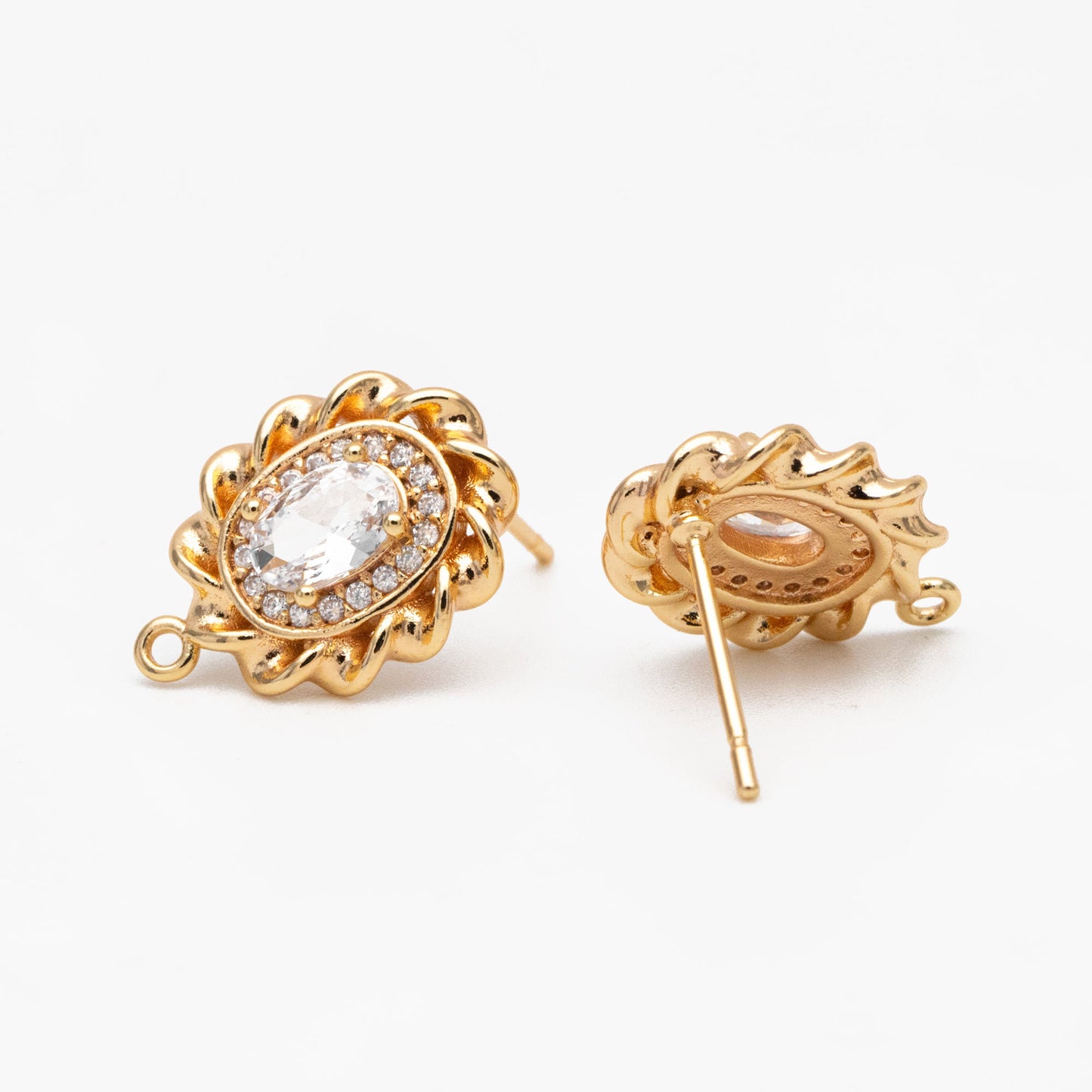 4pcs CZ Pave Gold Oval Ear Posts: Dainty Stud Earring Findings (GB-3650)