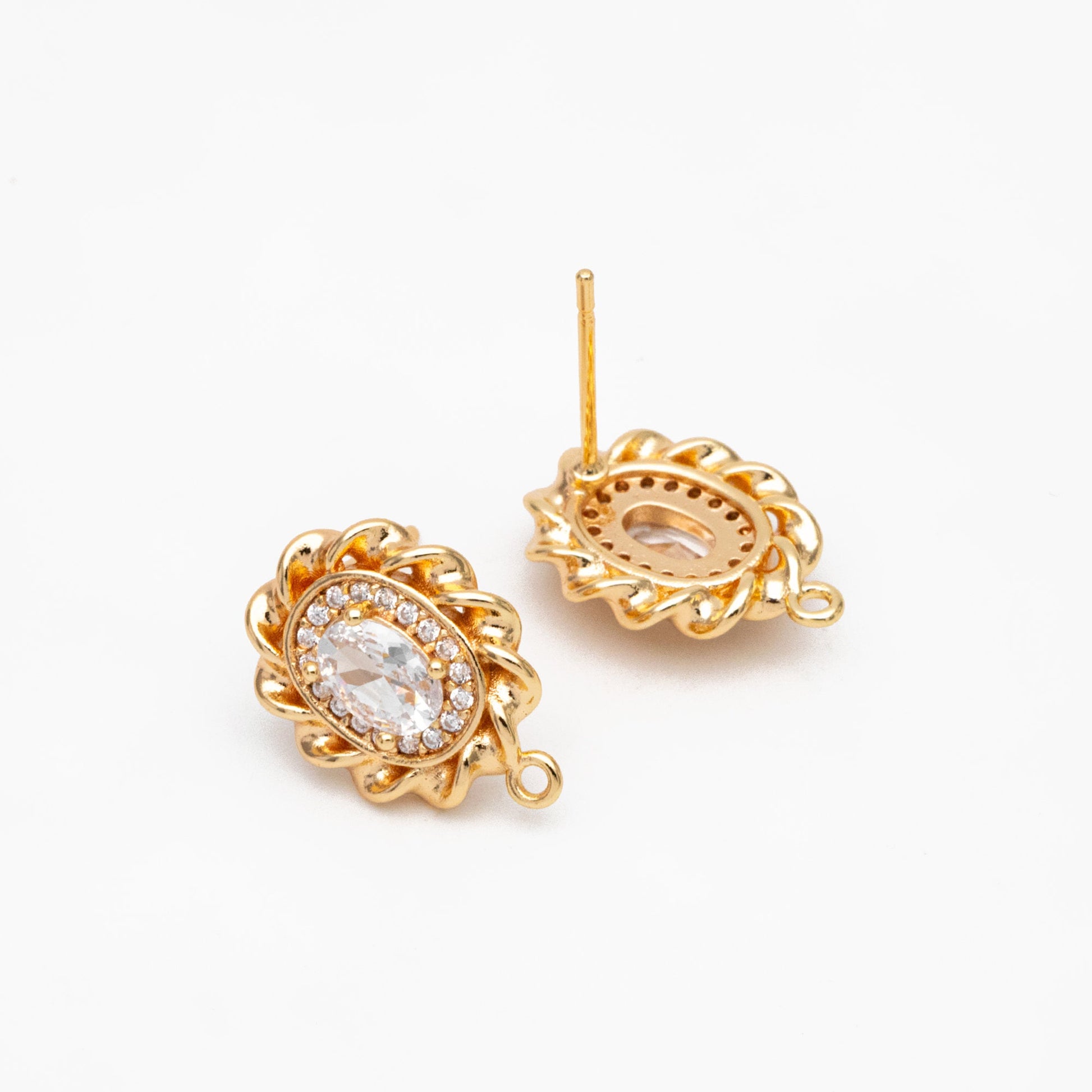 4pcs CZ Pave Gold Oval Ear Posts: Dainty Stud Earring Findings (GB-3650)