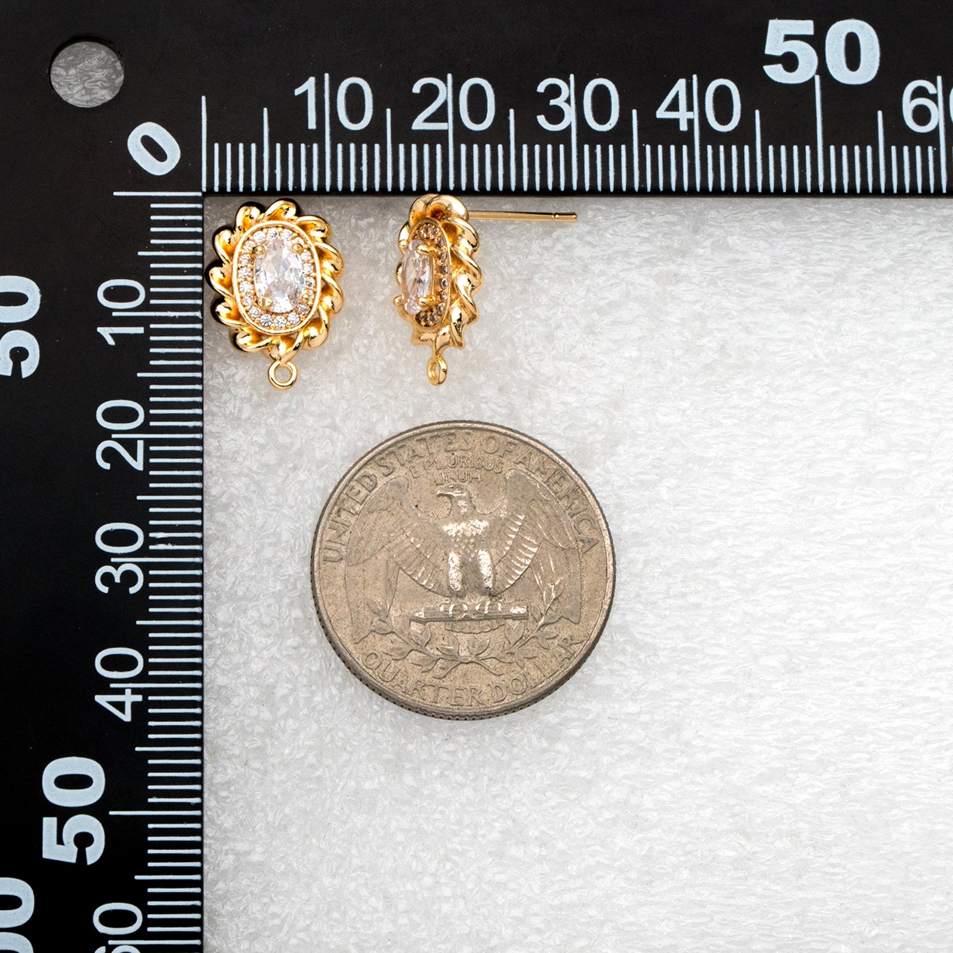 4pcs CZ Pave Gold Oval Ear Posts: Dainty Stud Earring Findings (GB-3650)