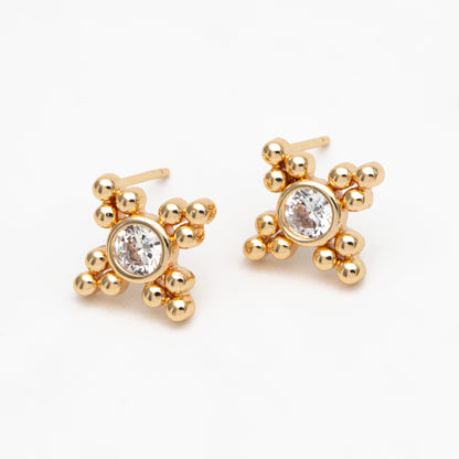 10pcs CZ Pave Round Trinity Ear Posts 12x12mm, Gold Plated Brass Dainty Stud Earrings (GB-3655)