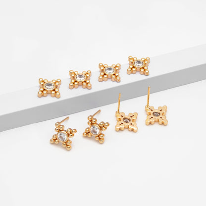 10pcs CZ Pave Round Trinity Ear Posts 12x12mm, Gold Plated Brass Dainty Stud Earrings (GB-3655)