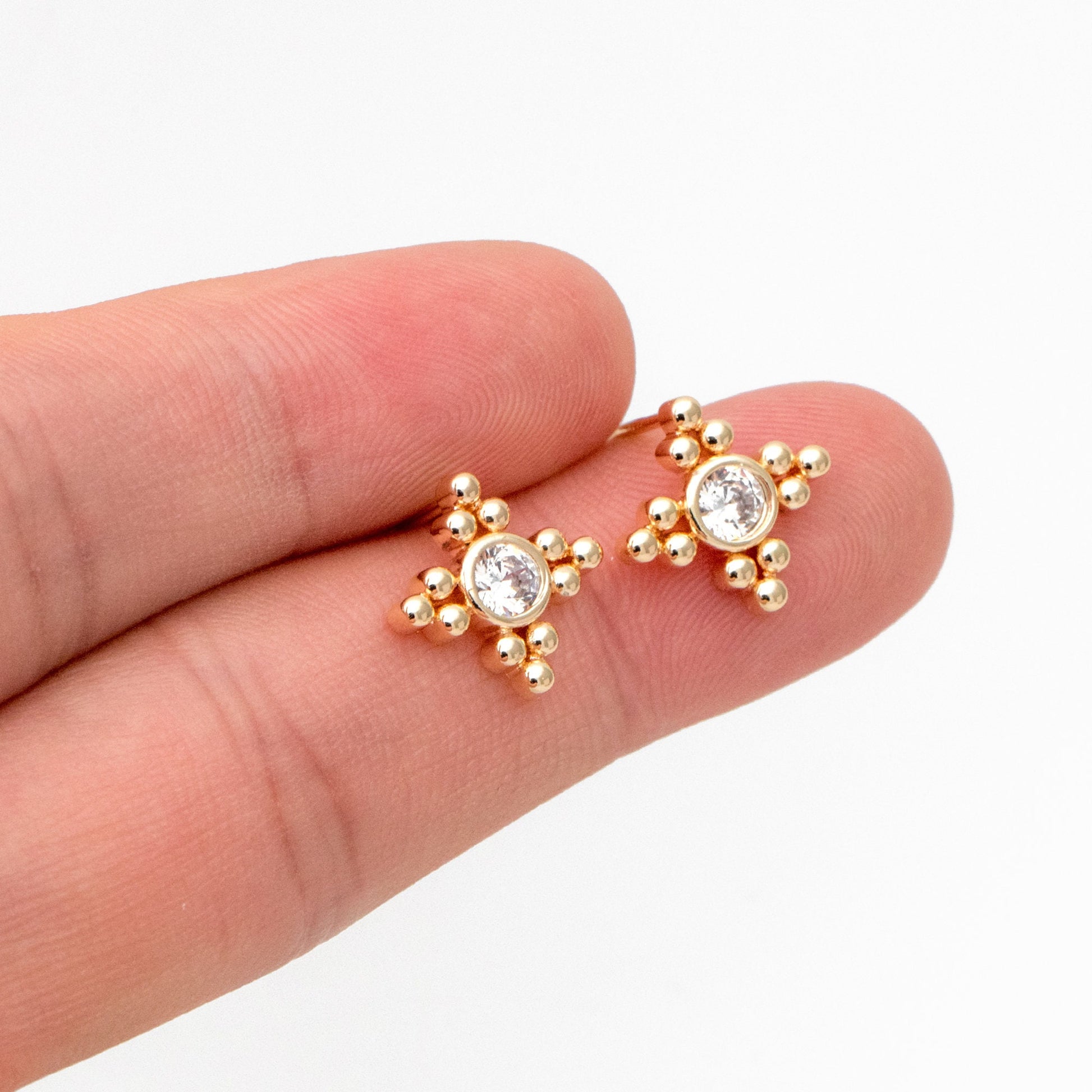 10pcs CZ Pave Round Trinity Ear Posts 12x12mm, Gold Plated Brass Dainty Stud Earrings (GB-3655)