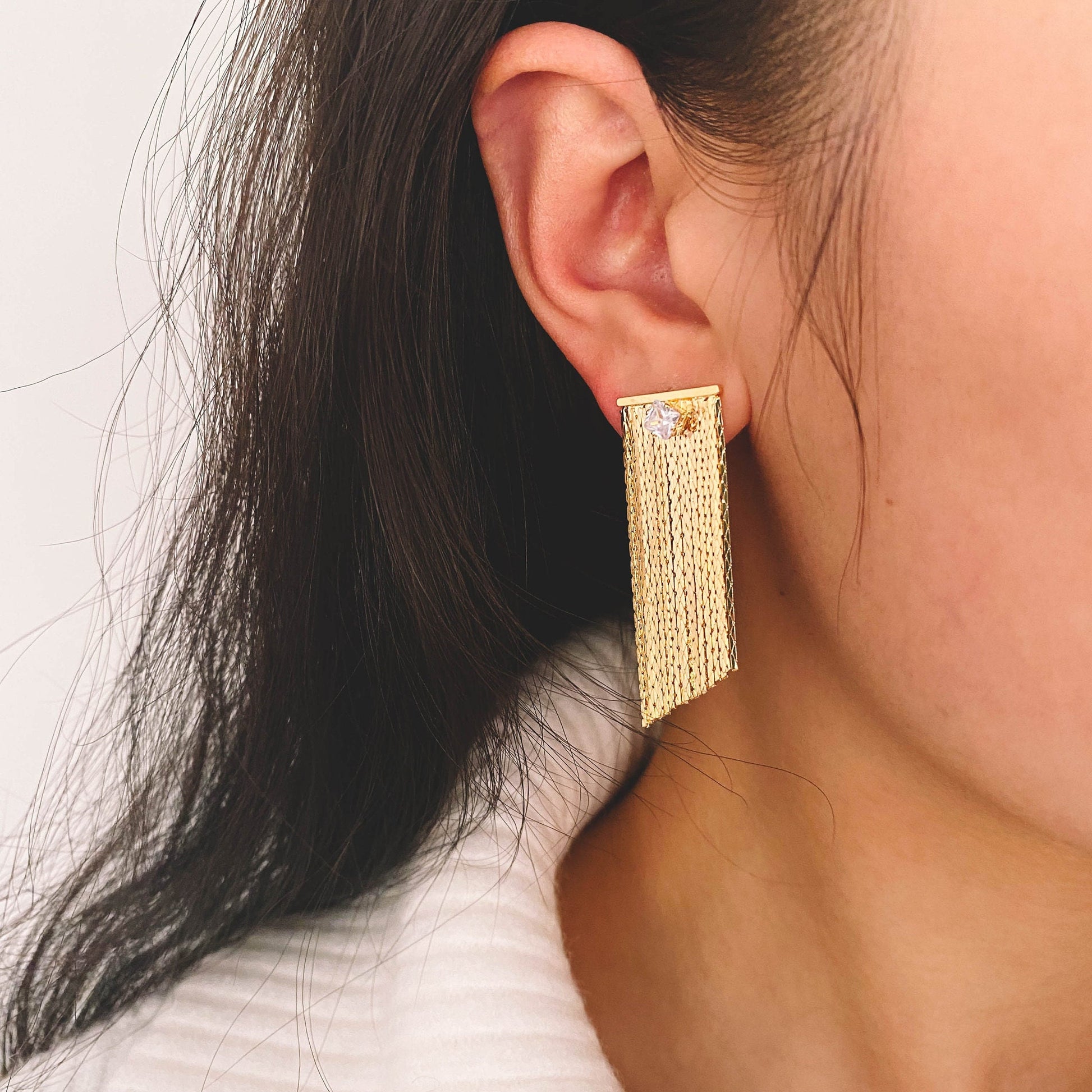 4pcs CZ Pave Chain Tassel Earrings, Long Tassel Stud Earring, Gold Dangling Earrings, Minimalist Earrings (GB-3483)