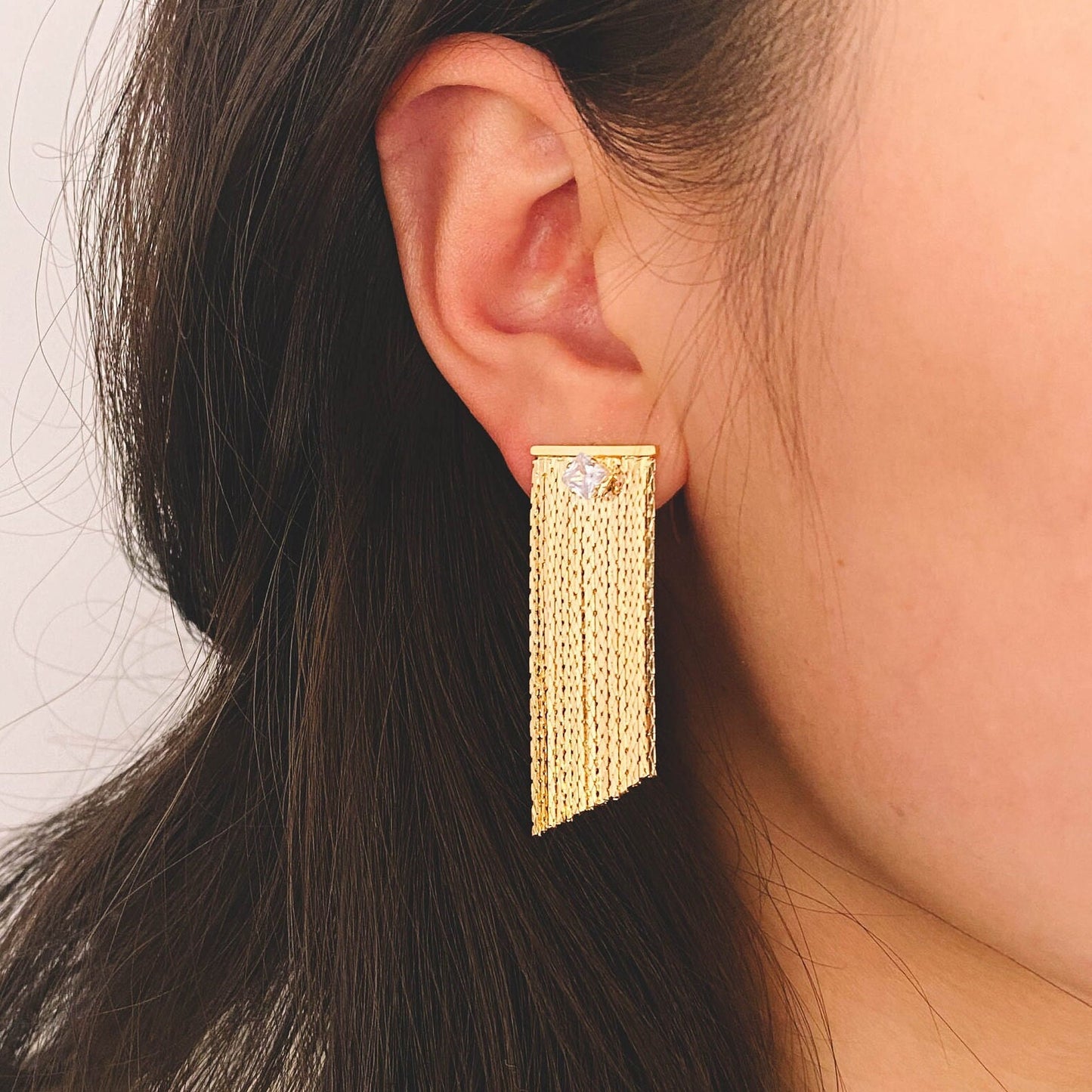 4pcs CZ Pave Chain Tassel Earrings, Long Tassel Stud Earring, Gold Dangling Earrings, Minimalist Earrings (GB-3483)