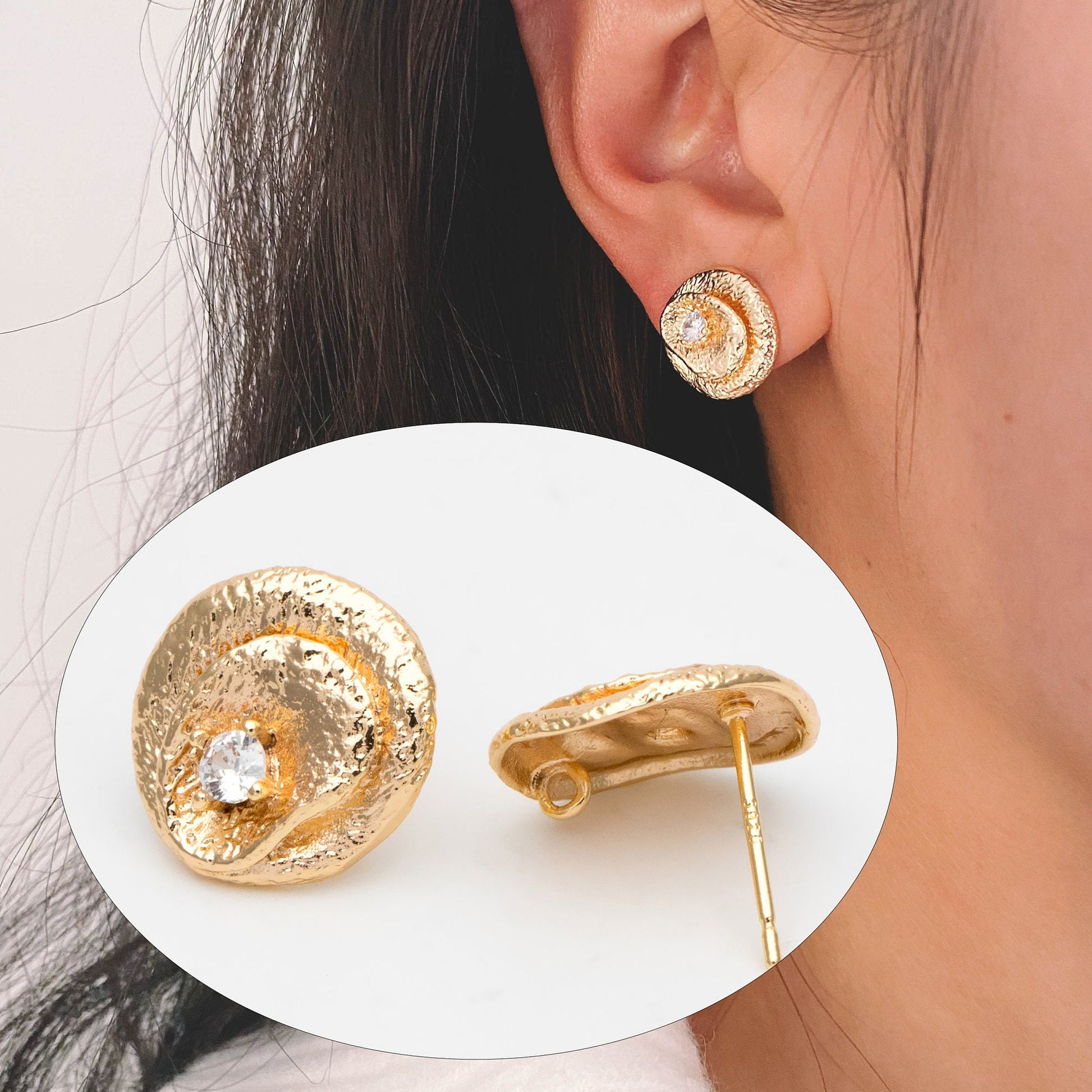 4pcs CZ Pave Gold Textured Round Earring with Loop, 14mm, 18K Gold plated Brass, Stud Earring Components (GB-3423)
