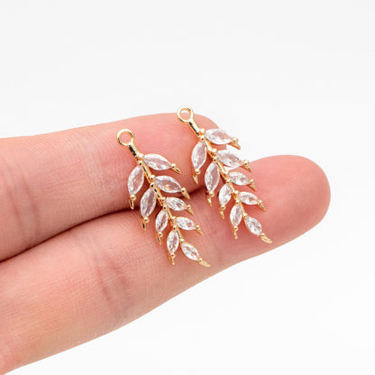 4pcs CZ pave Leaf Charms 27x10mm, 18K Gold plated Brass, Cubic Zirconia Leaf Pendants (GB-3037-H)