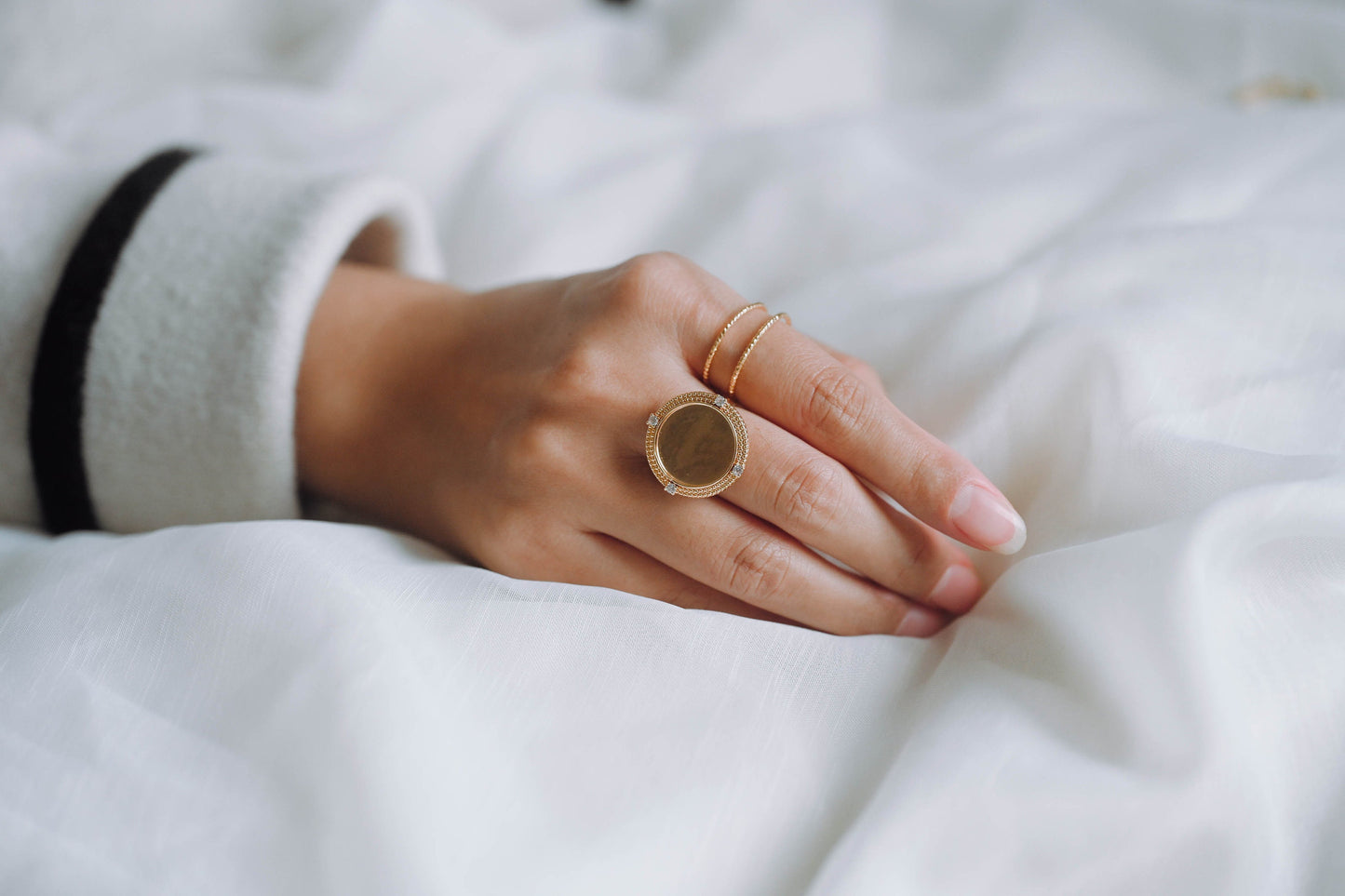 4pcs CZ Pave Gold Blank Base Tray Cabochon Ring Setting, Gold plated Brass Bezel Cabochon Adjustable Ring (#GB-3415)