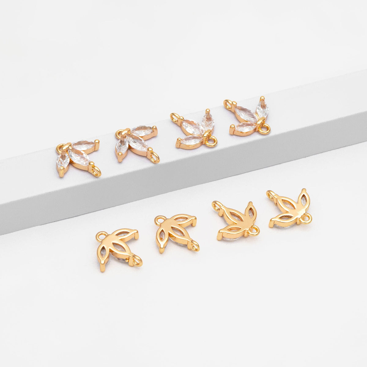 10pcs CZ Pave Flower Connector, 18K Gold plated Brass, Leaf Connector Charms (GB-3670-B)