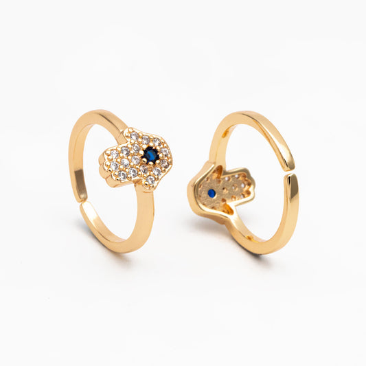 4pcs CZ Pave Gold Hamsa Ring, Hand of Fatima Ring, Protection Ring, Adjustable Ring (#GB-3661)
