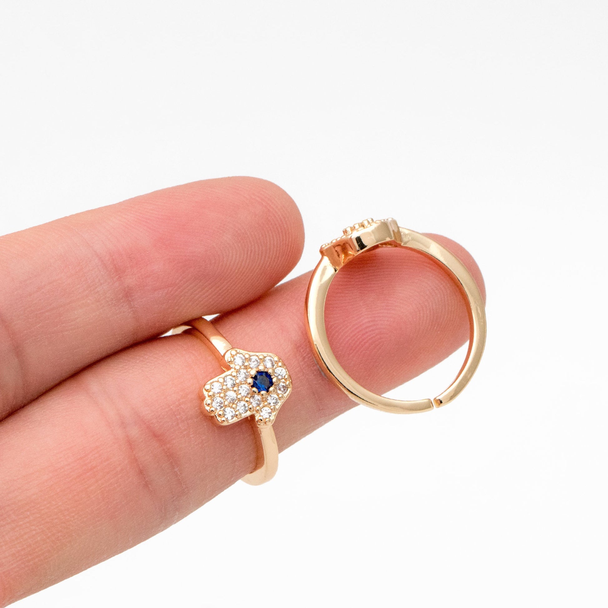 4pcs CZ Pave Gold Hamsa Ring, Hand of Fatima Ring, Protection Ring, Adjustable Ring (#GB-3661)