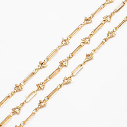 Gold CZ Pave Triangle Connector With Oval Hoop Chain, 18K Gold plated Brass Chain (#LK-589)/ 1 Meter=3.3 ft