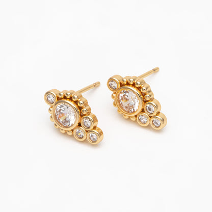 4pcs CZ Pave Round Cluster Earrings 13x8mm, Gold Plated Brass Dainty Stud Earrings (GB-3662)