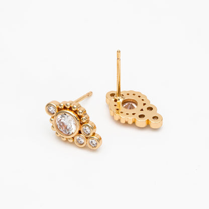 4pcs CZ Pave Round Cluster Earrings 13x8mm, Gold Plated Brass Dainty Stud Earrings (GB-3662)