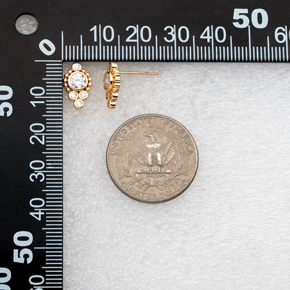 4pcs CZ Pave Round Cluster Earrings 13x8mm, Gold Plated Brass Dainty Stud Earrings (GB-3662)