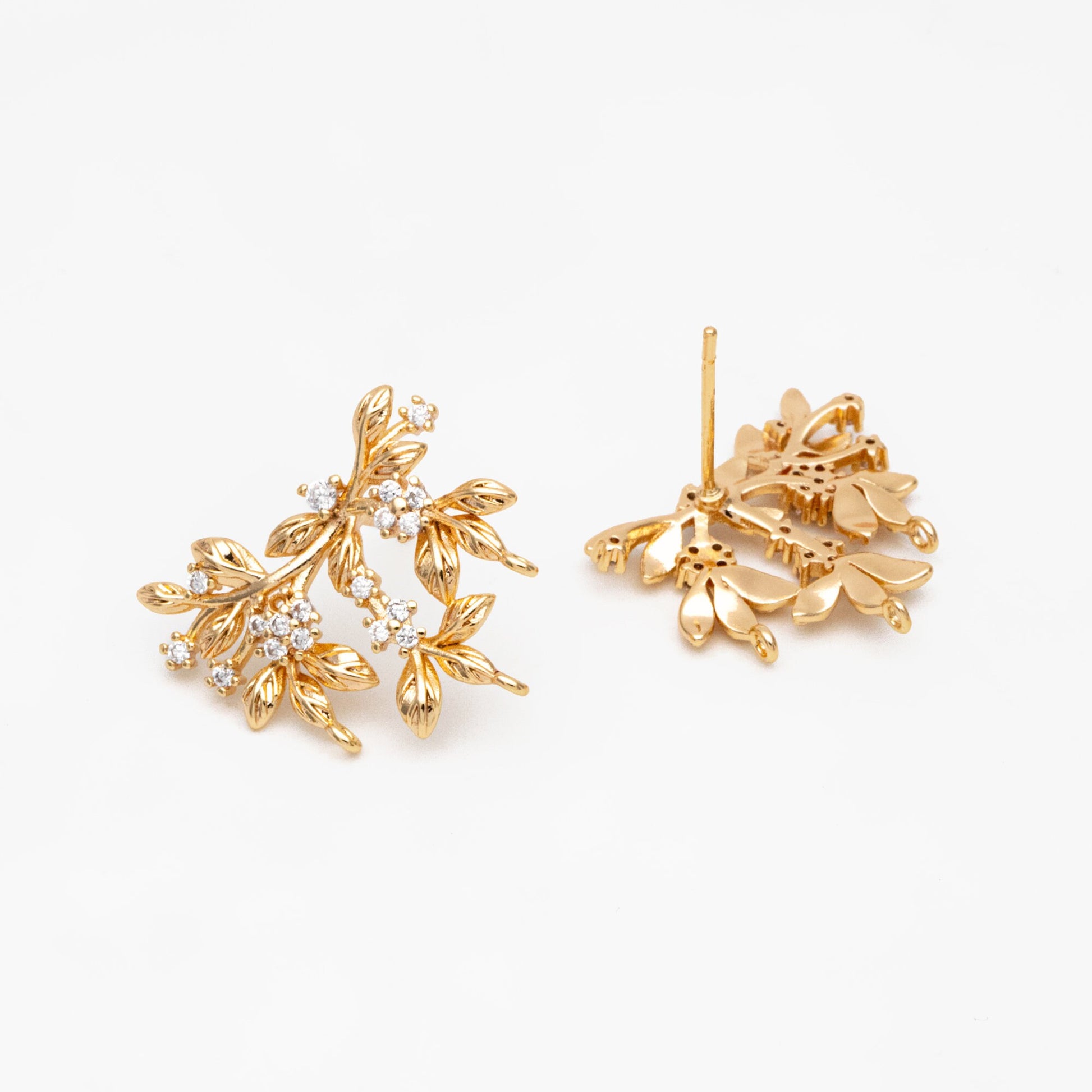 4pcs CZ Pave Flower Branch Stud Earring with 3 loops, Dainty Earrings, Dangle Earring Components (GB-3664)
