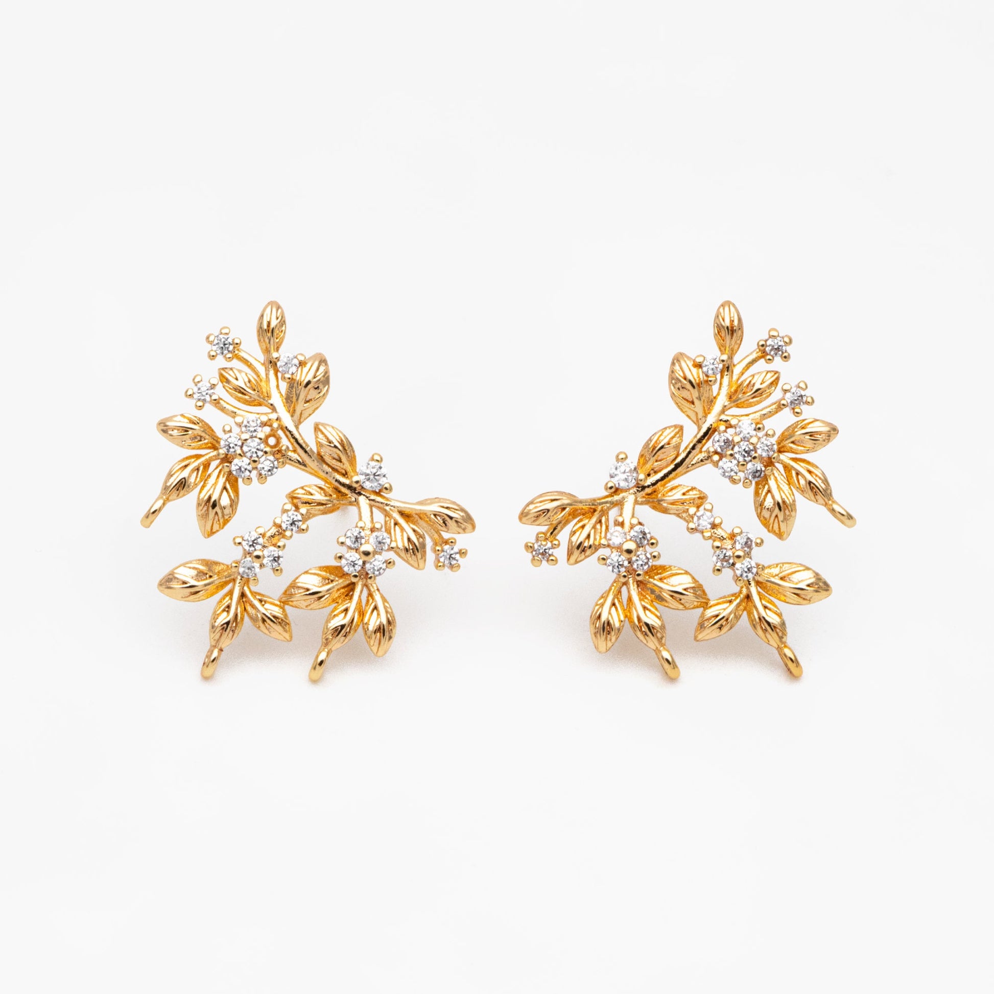 4pcs CZ Pave Flower Branch Stud Earring with 3 loops, Dainty Earrings, Dangle Earring Components (GB-3664)