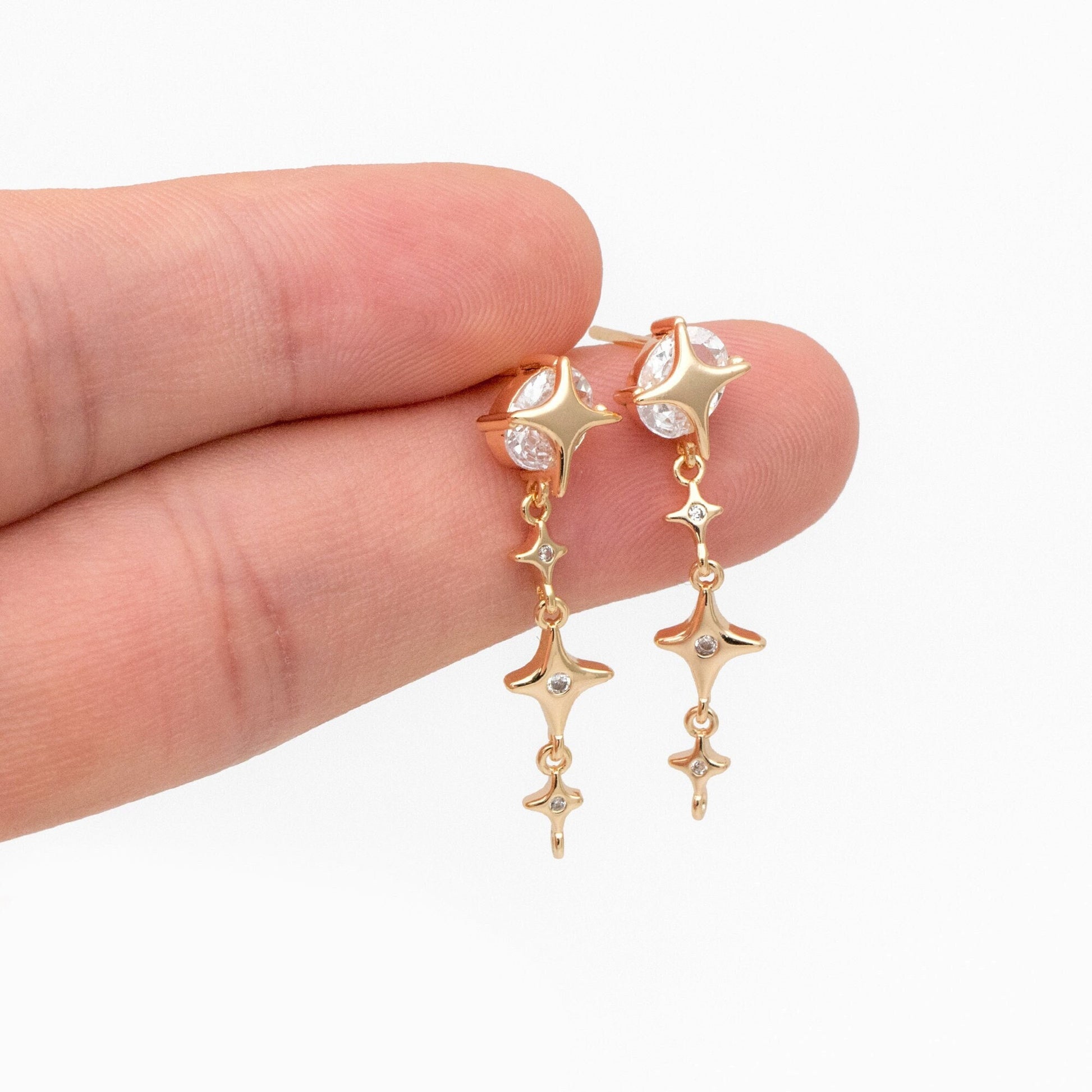 4pcs CZ Pave Gold Cross Star Dangle Earrings with Loop, Gold Plated Brass, Dainty Star Stud Earrings (GB-3641)