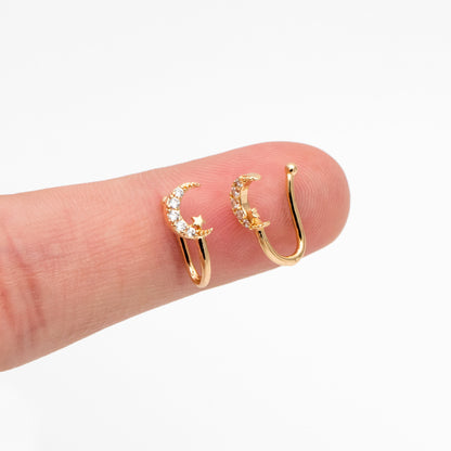 4pcs CZ Pave Moon And Star Nose Cuff, Non Piercing Nose Cuff, Gold plated Brass, Adjustable Fake Nose Rings, Dainty Nose Jewelry (GB-3709-F)