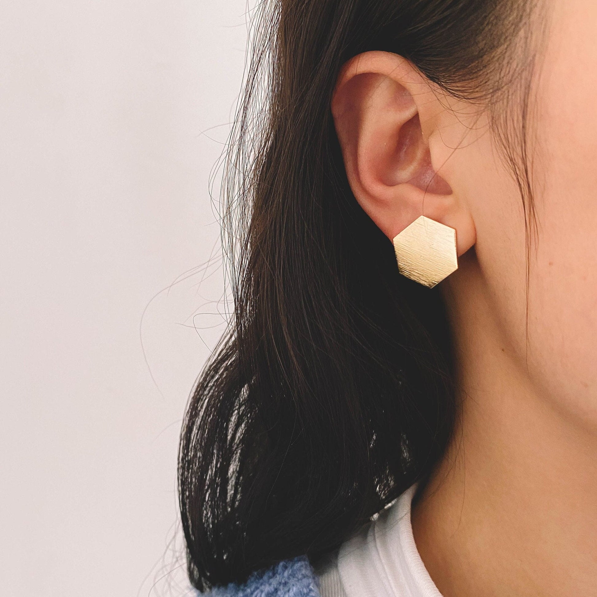 10pcs Brushed Gold Ear Post with Loops Real Gold Plated Brass, Hexagon Geometric Stud Earrings (GB-644)