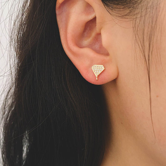 10pcs CZ pave Stud Earrings with Loop 9x6mm, Gold plated Brass "Diamond" Ear Posts (#GB-770)