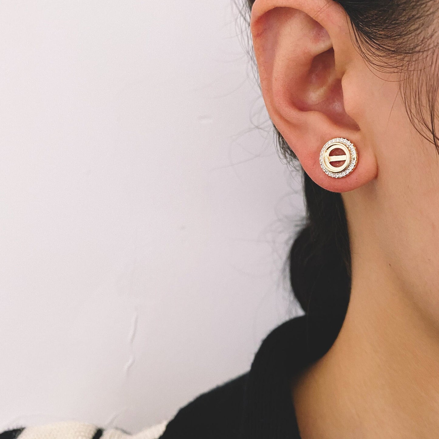 10pcs CZ Pave Round Stud Earrings 11mm, 18K Gold Plated Brass (#GB-1757)