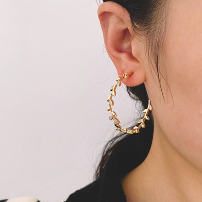 4pcs CZ Paved Dainty Gold Leaf Hoop Earrings, Gold Hoop Earring, 42mm Circle Leaf Earring (GB-2019)