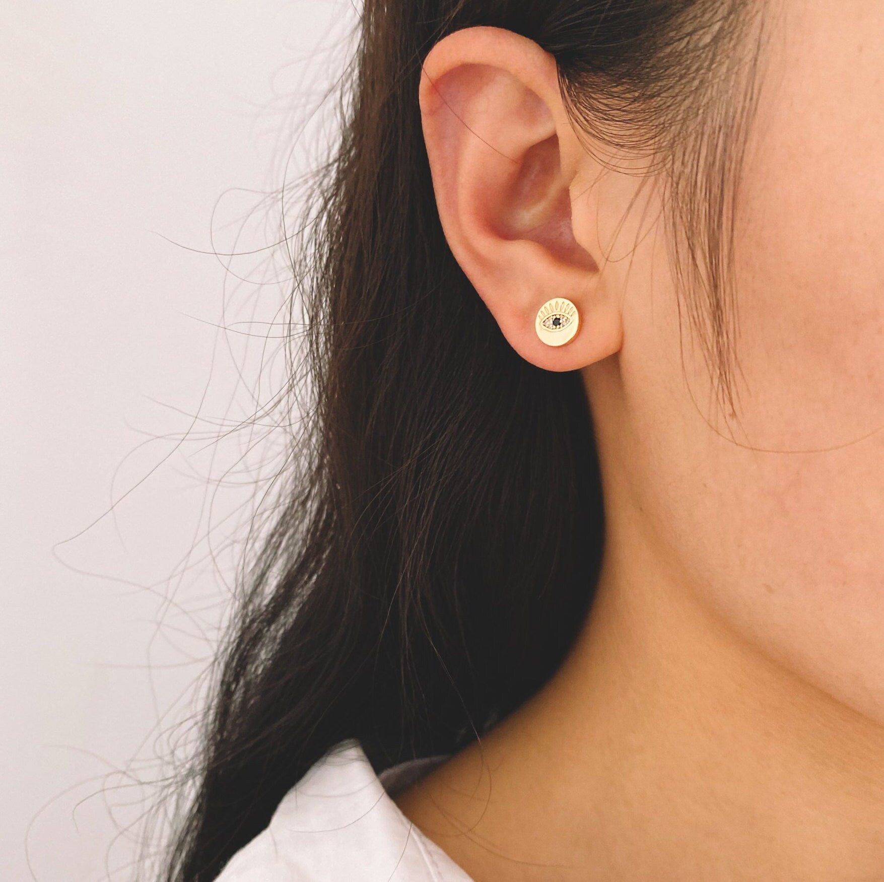 10pcs Evil Eye Earrings, CZ Evil Eye Stud Earrings, Minimalist Ear Studs, Evil Eye Post Earrings (#GB-2144)